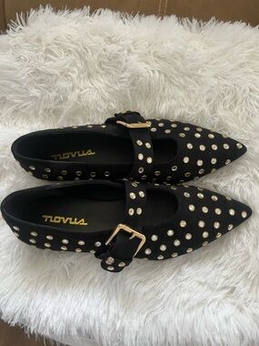 Black Studded Mary Jane Flats with Gold Buckle